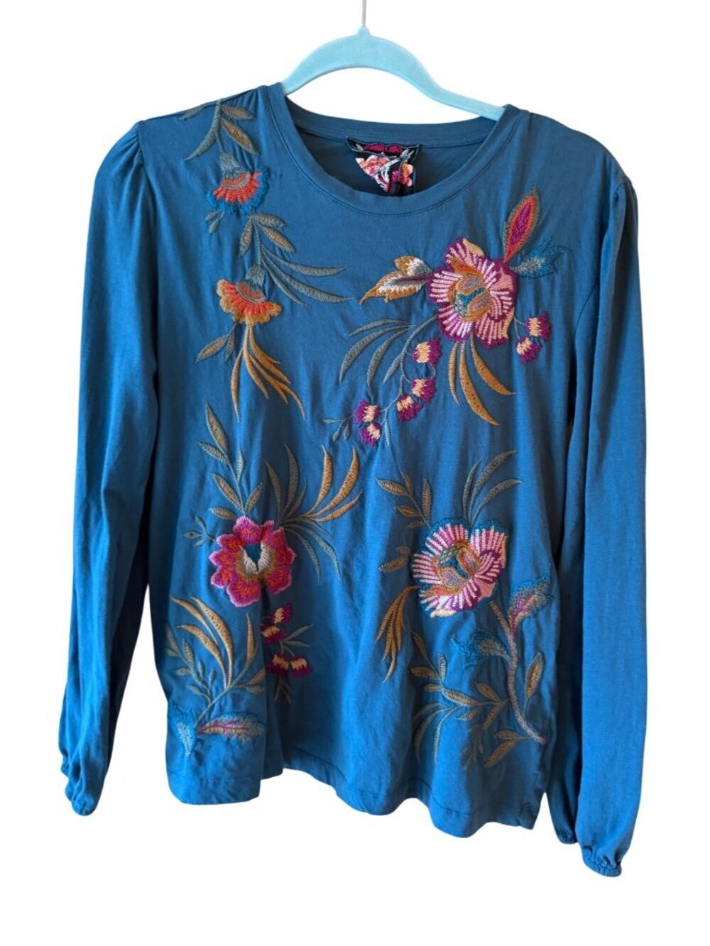 Johnny Was Womens Sidonia Embroidered Bishop Sleeve Tee Size XS Teal Blue Boho